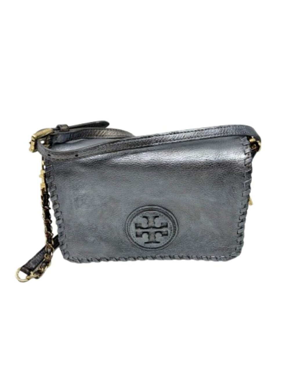 TORY BURCH~Marion Combo Crossbody Bag – Metallic Gunmetal Pewter Leather